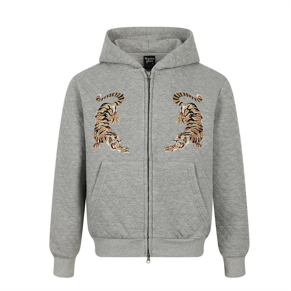 Tiger Embroidery Quilted Zip-Up Hoodie – Oversized Streetwear Sweatshirt