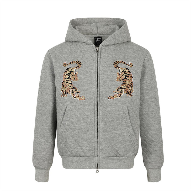 Tiger Embroidery Quilted Zip-Up Hoodie – Oversized Streetwear Sweatshirt