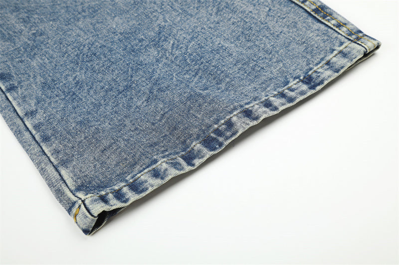 Wide-Leg Baggy Jeans with Cross Pocket Embroidery & Washed Distressed Finish