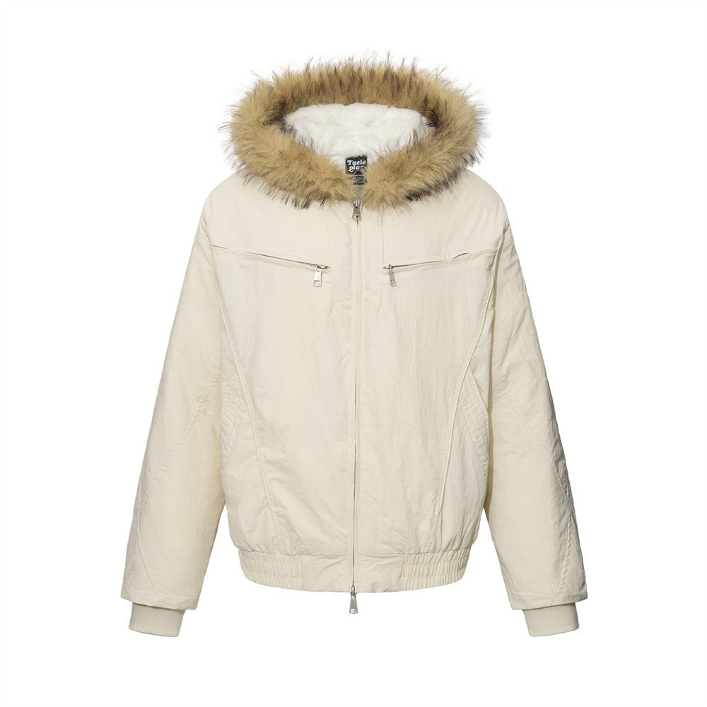 Fur-Trim Hooded Bomber Jacket – Men's Winter Padded Coat with Dual Zip Pockets