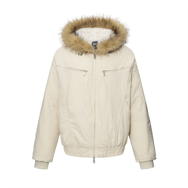 Fur-Trim Hooded Bomber Jacket – Men's Winter Padded Coat with Dual Zip Pockets