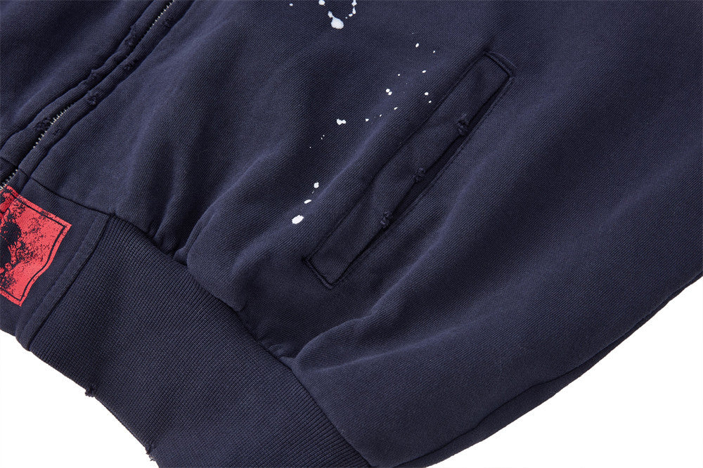Oversized Zip-Up Hoodie Men — Distressed Heraldic Embroidery, Cropped Bomber Fit