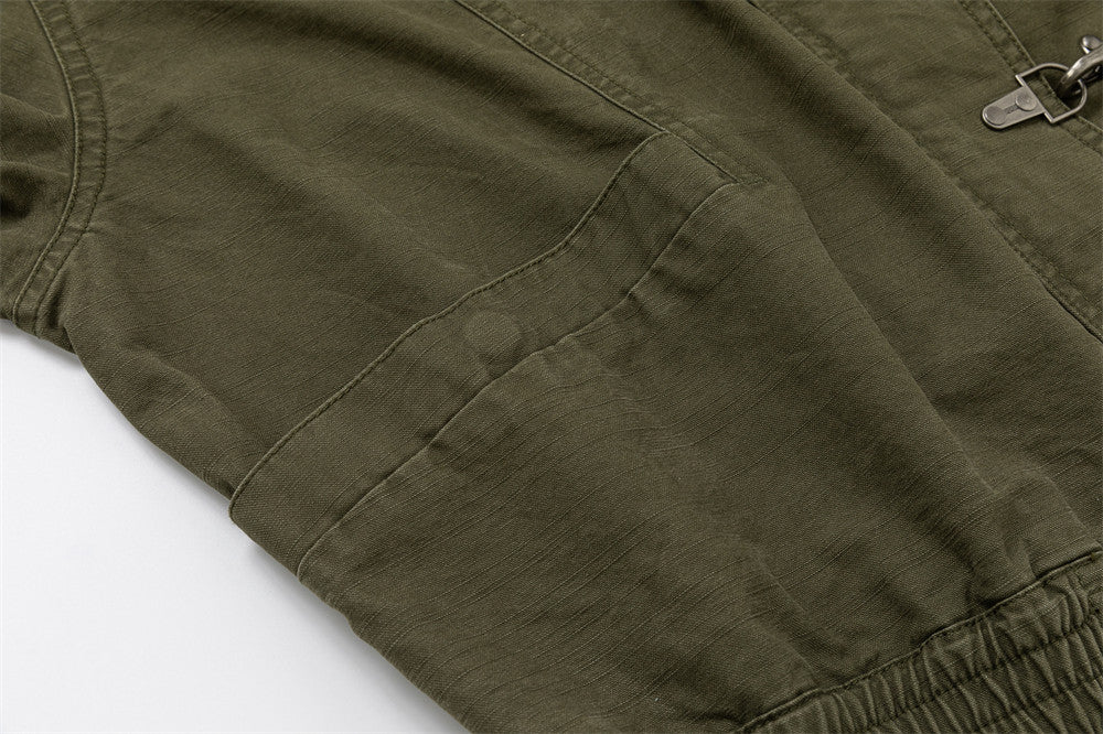 Army Green Stand Collar Metal Clasp Cargo Jacket – Relaxed Cropped Fit