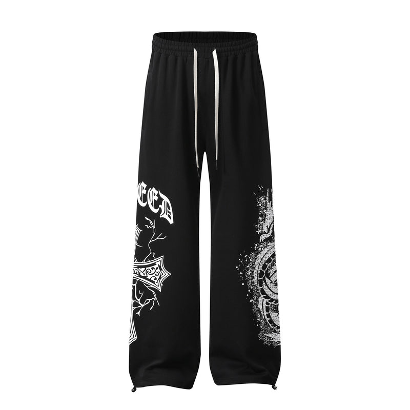 Pantalon de survêtement à jambes larges avec graphisme croix gothique – Jogger droit en molleton