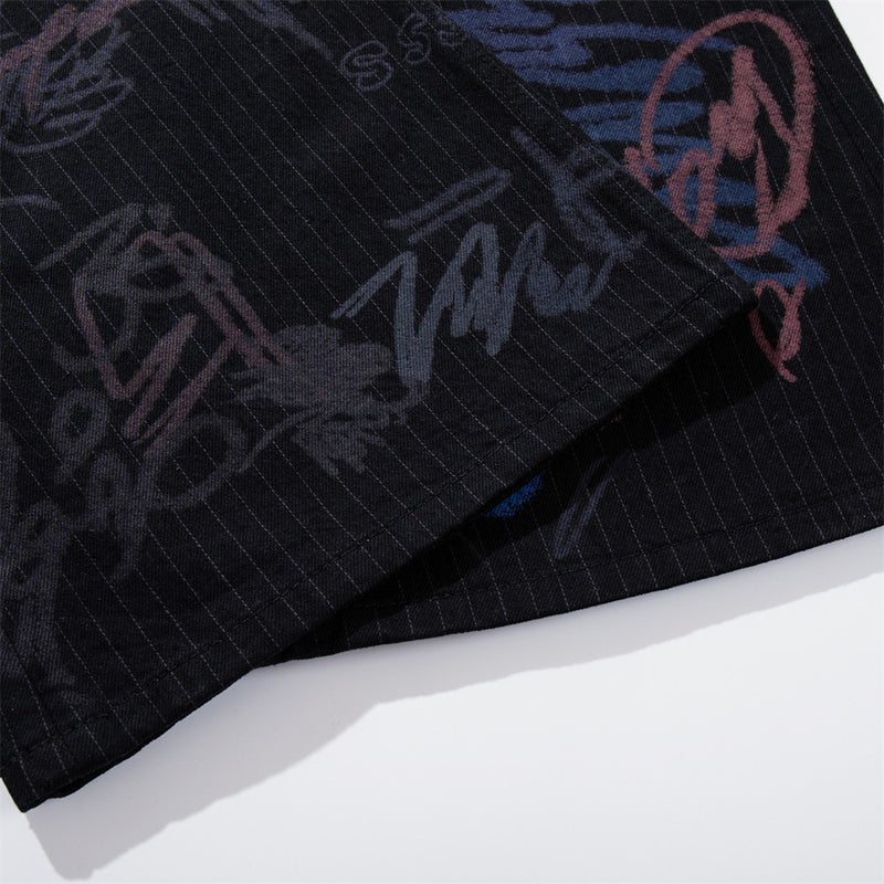 Graffiti Print Pinstripe Wide-Leg Jeans – Relaxed Straight Fit