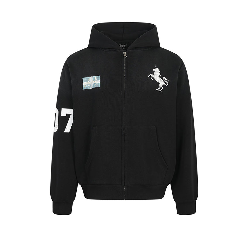 Zip-Hoodie mit aufgesticktem Einhorn und Badge-Patches – Gewaschener Farbverlauf