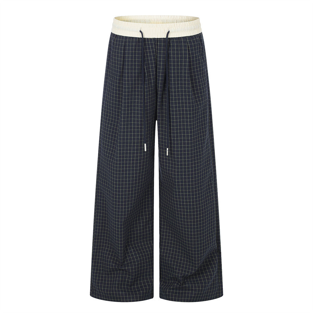 Wide-Leg Plaid Trousers – Elastic Waist Drawstring Contrast Band