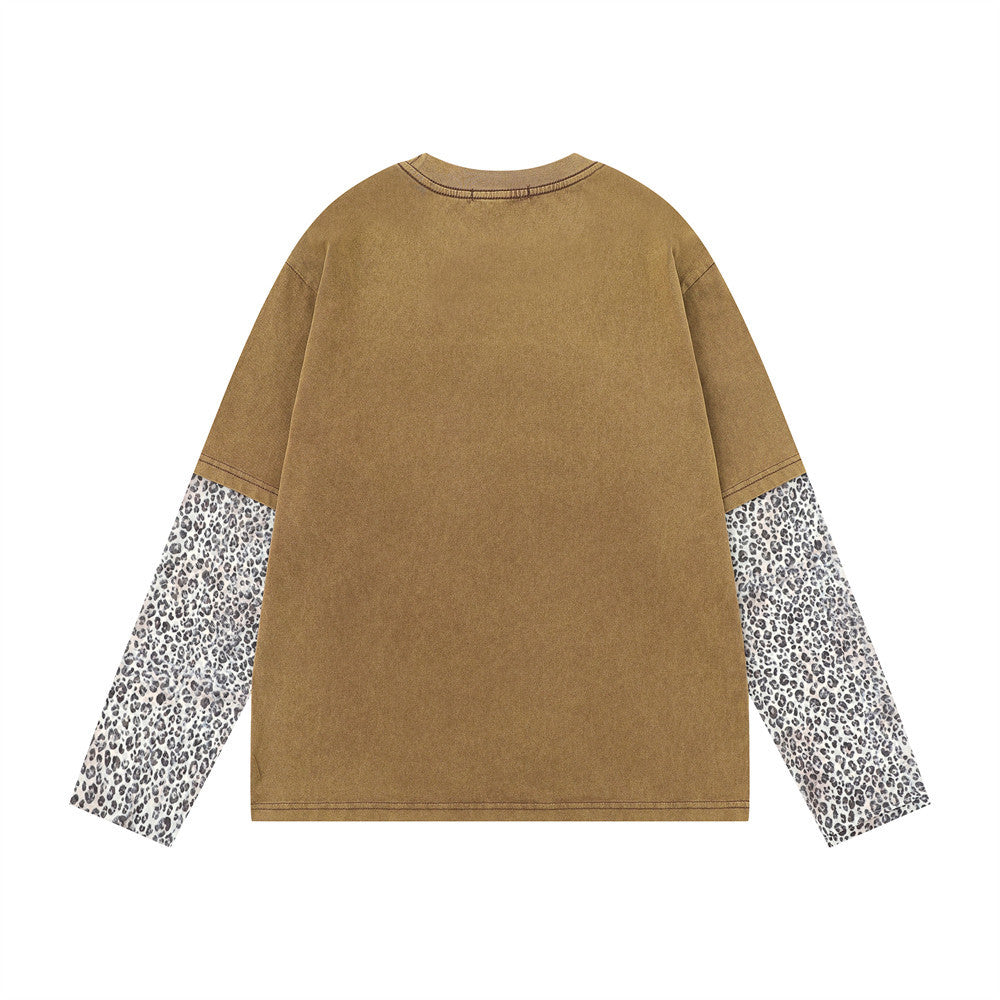 T-shirt à manches longues effet deux pièces avec manches imprimées léopard – Motif cœur, style punk délavé