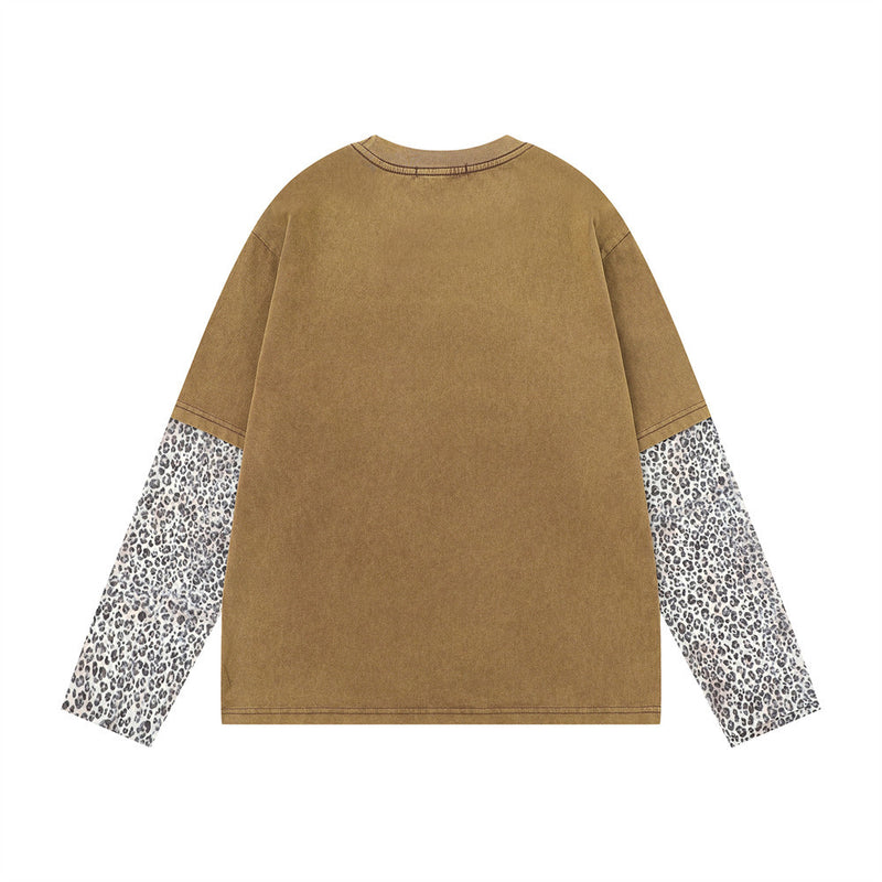 T-shirt à manches longues effet deux pièces avec manches imprimées léopard – Motif cœur, style punk délavé