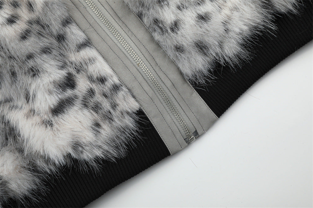 Faux Fur Leopard Print Bomber Jacket – Men's Oversized High-Collar Winter Coat