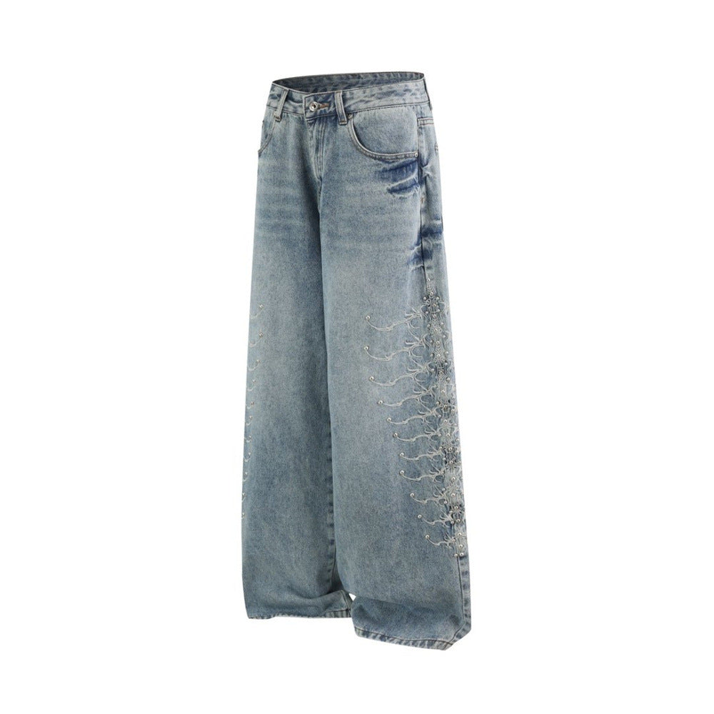 Men's Baggy Wide-Leg Jeans – Studded & Embroidered Washed Denim