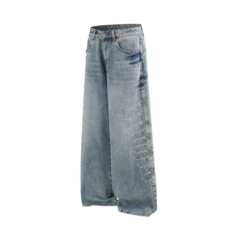 Men's Baggy Wide-Leg Jeans – Studded & Embroidered Washed Denim