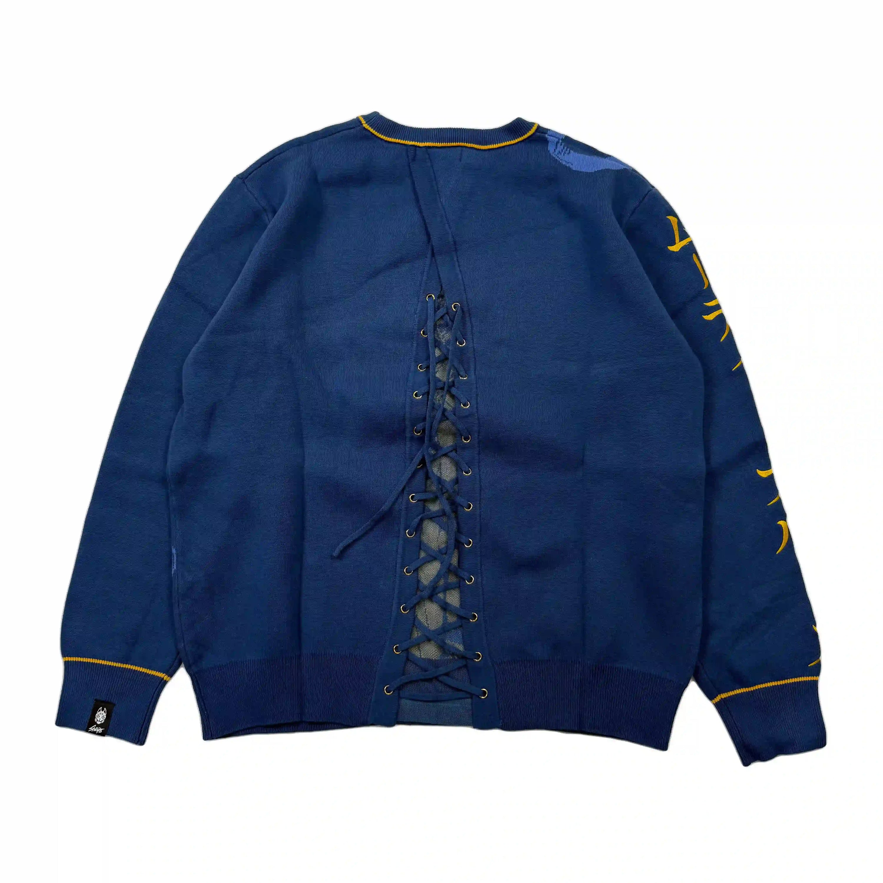 Anime Jacquard Knit Crewneck Sweater Blue Gold Lace-Up Back Graphic