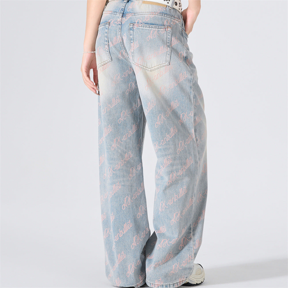 Wide-Leg Jeans with Allover Pink Script Print – Light Blue Washed Denim