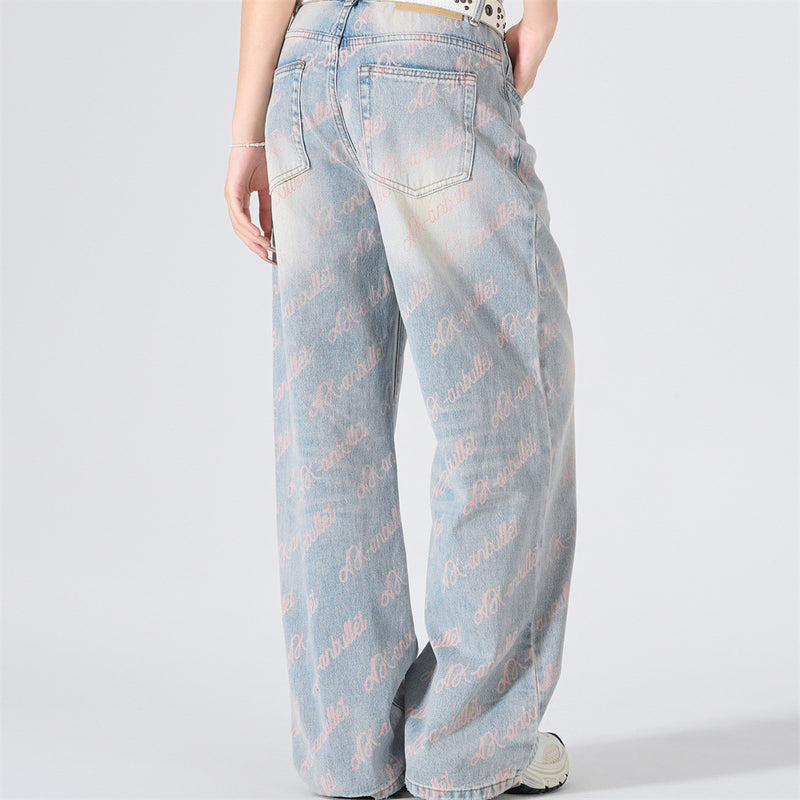 Wide-Leg Jeans with Allover Pink Script Print – Light Blue Washed Denim
