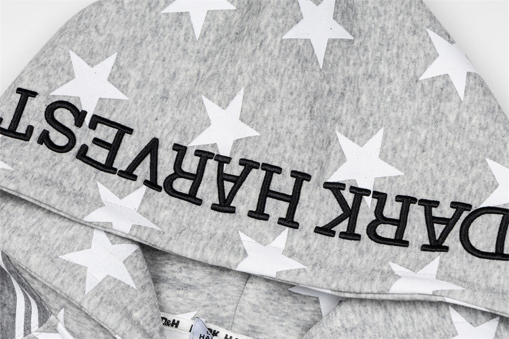 Star Print Zip-Up Hoodie with Striped Raglan Sleeves – Oversized Streetwear