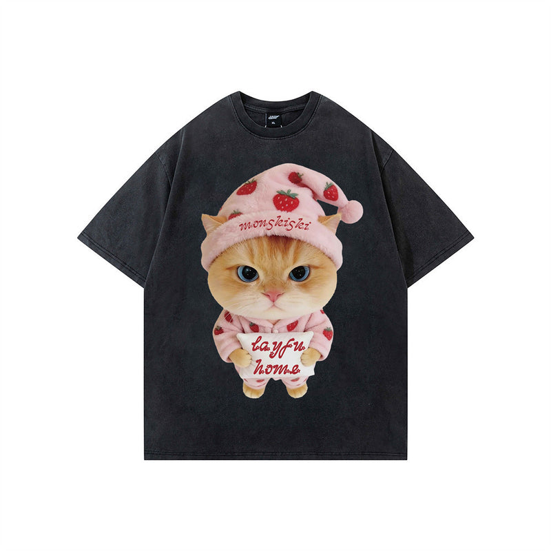 Cute Cat Graphic T-Shirt – Short Sleeve Oversized Cotton Tee