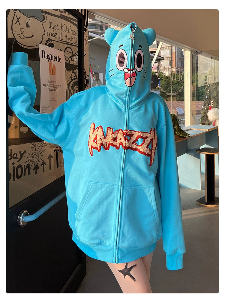 Adorable Blue Cartoon Hoodie - 400GSM Cotton with Playful Face Design