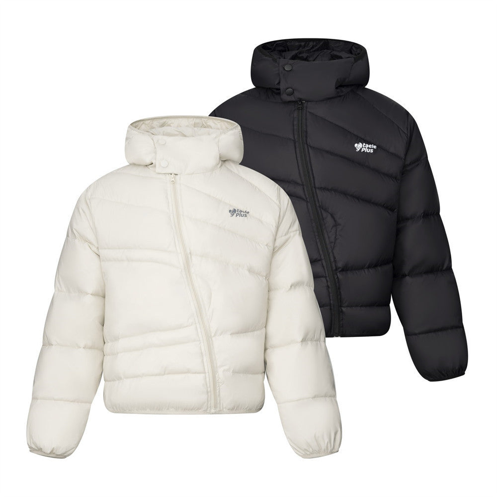 Oversized hooded puffer jacket with diagonal zip in off-white and black colorways, front view