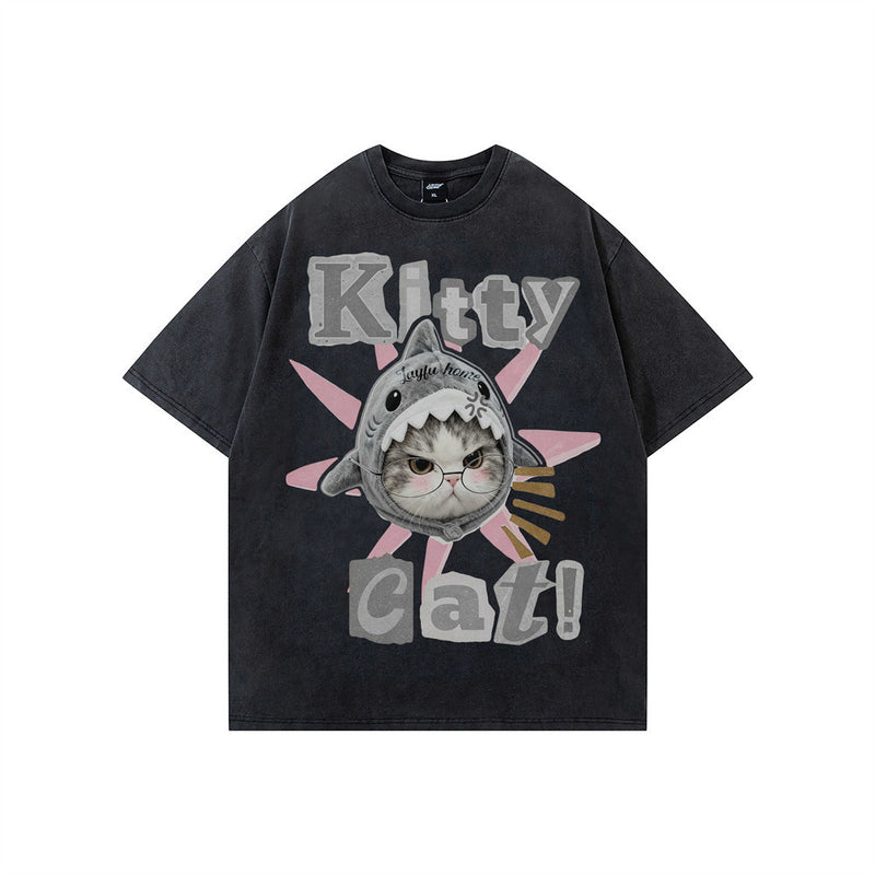 Kitty-Cat-Shark-Meme-T-Shirt – Kurzarm-Streetstyle-Shirt für Herren