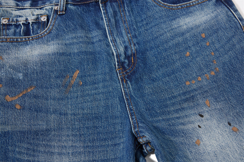 Men's Washed Distressed Flare Jeans with Graffiti Paint Splatter