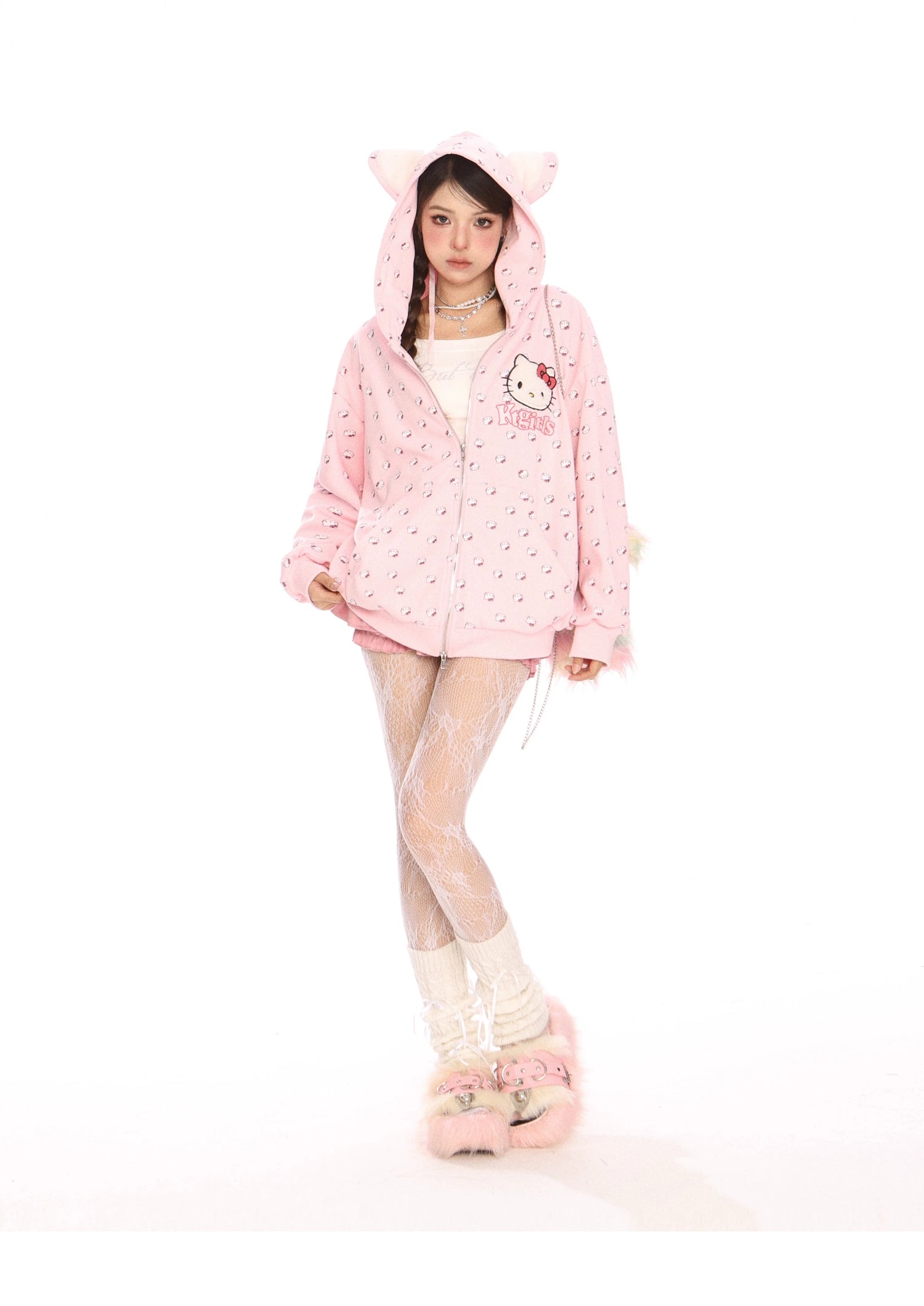 Hello Kitty Pink Kawaii Hoodie – Cute Oversized Zip-Up with Cat Ear Hood and All-Over Print