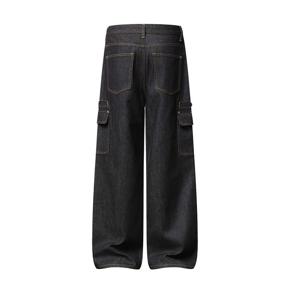 Men's Black Cargo Denim Jeans Wide-Leg Straight Fit with Large Pockets