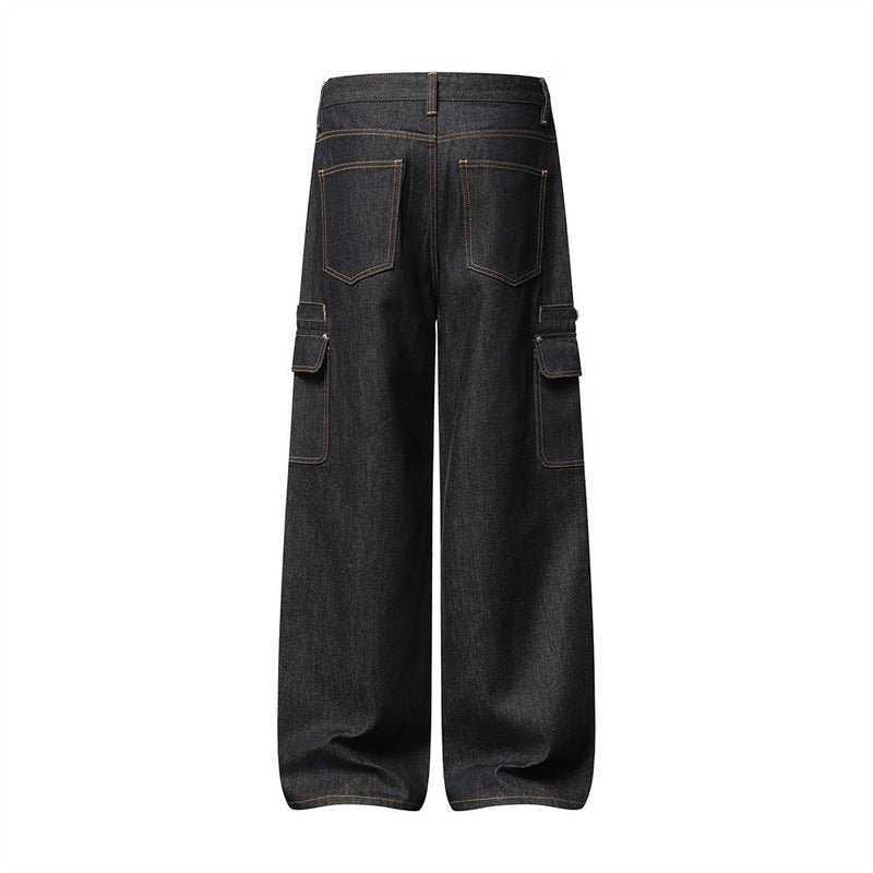 Men's Black Cargo Denim Jeans Wide-Leg Straight Fit with Large Pockets