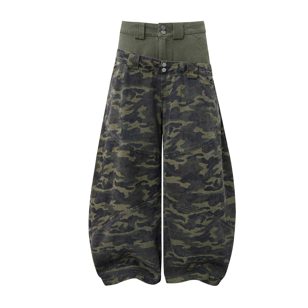 Green camo wide-leg balloon pants with olive high-waist layered waistband and embroidered cross patches on back pockets