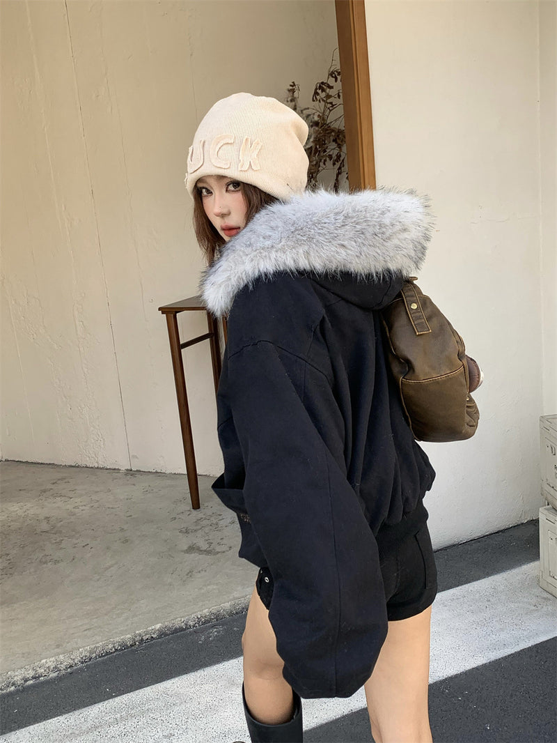 Veste matelassée à capuche et col en fourrure – Parka d’hiver oversize