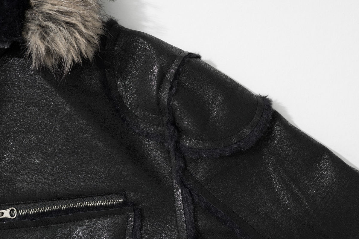 Faux Leather Bomber Jacket with Fur-Trim Hood & Fleece Lining — Black