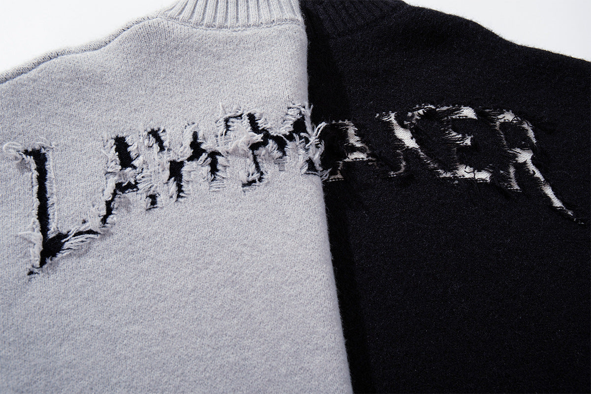 Dark Cross Knit Zip-Up Cardigan Sweater with Distressed Hem
