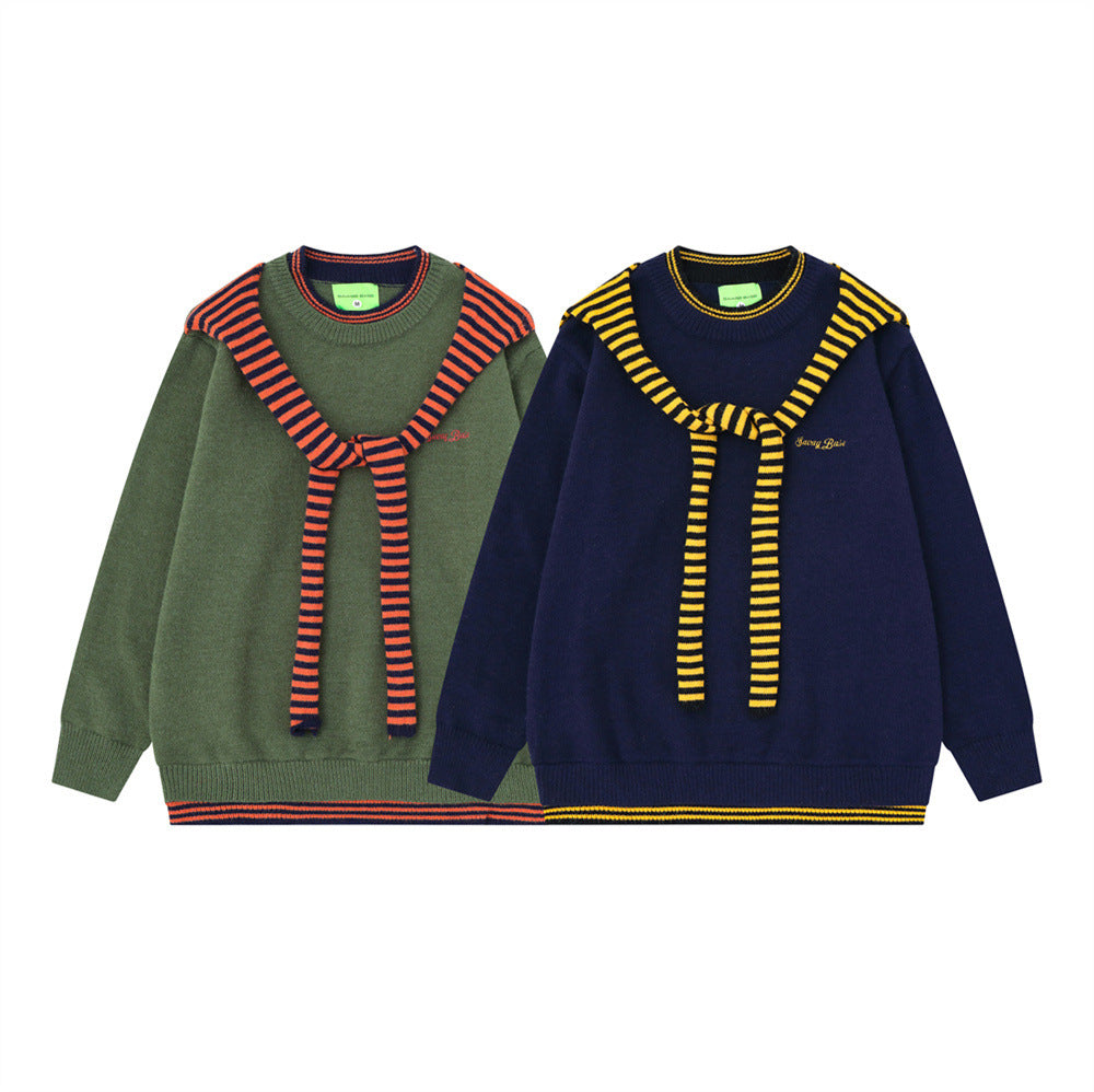 Mens Crew Neck Sweater with Faux Sailor Shawl Striped Knit Pullover
