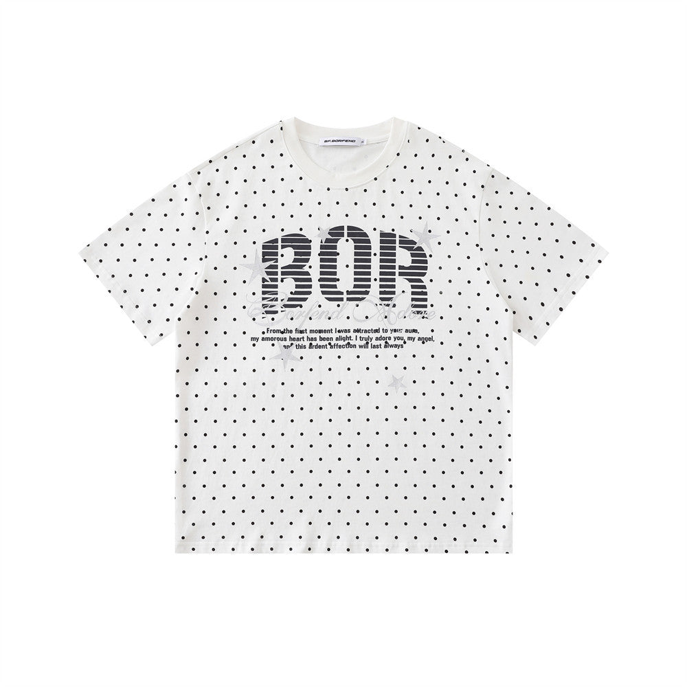 White oversized polka dot crew neck tee with BOR striped block-letter graphic print on the front chest