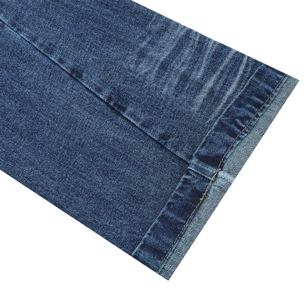 Men's Wide-Leg Jeans – Washed Dark Blue Denim with Stud Trim & Wavy Whisker