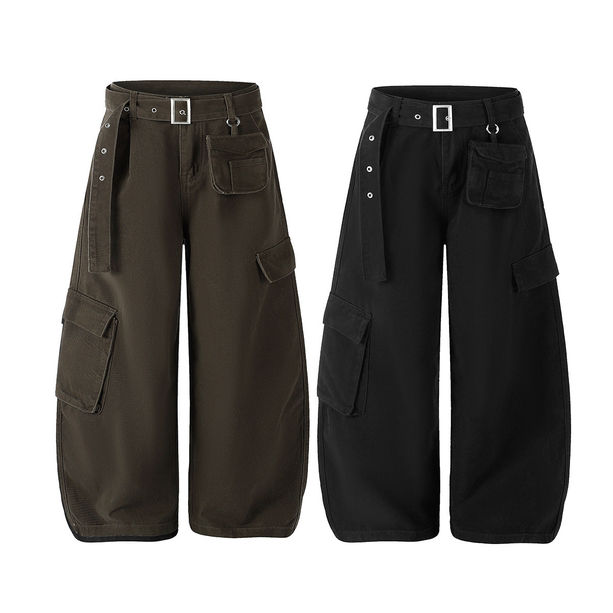 Wide-Leg Cargo Pants with Belt — Multi-Pocket Relaxed Fit