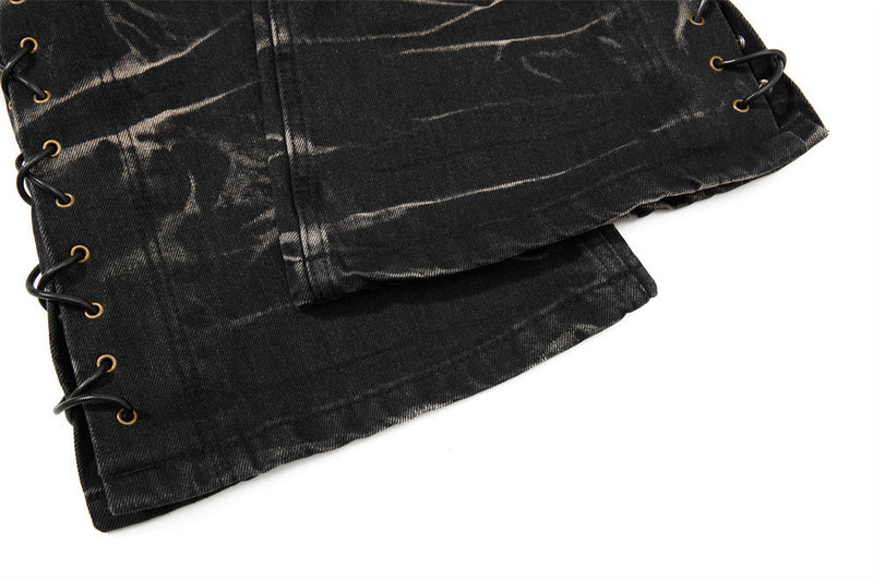 Men's Bell Bottom Jeans – Black Acid Wash Flare Leg with Lace-Up Hem & Button