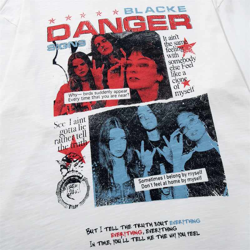 Long Sleeve Graphic Tee – Vintage American Band Print, Contrast Collar