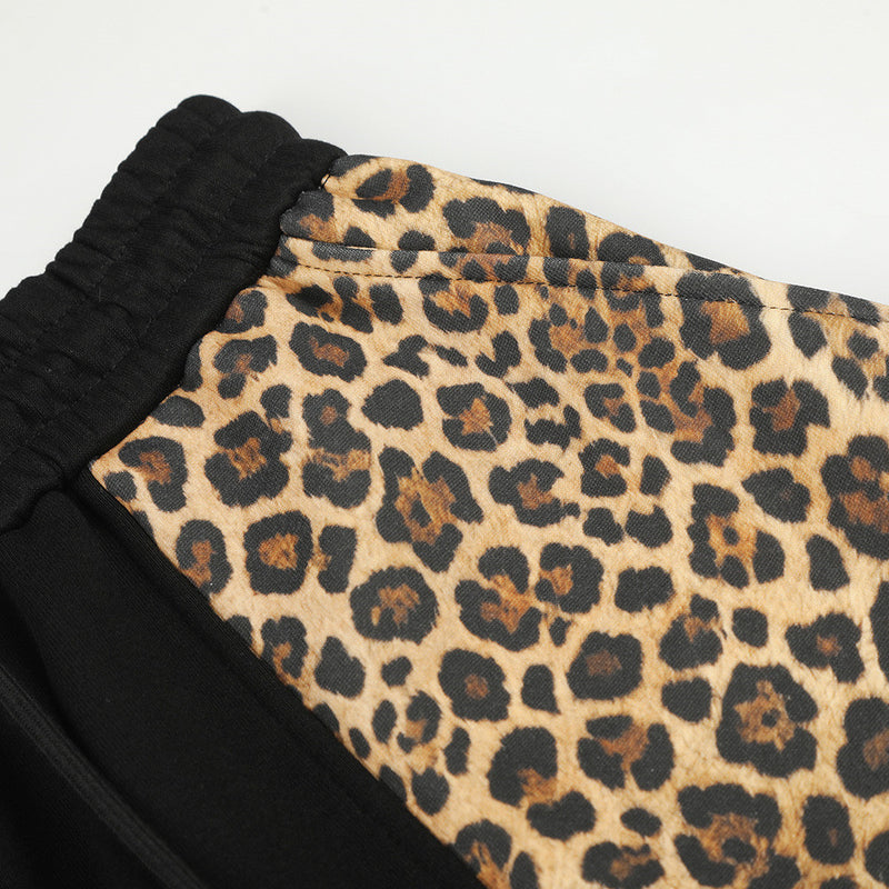 Men's Leopard Print Wide-Leg Sweatpants – Black Colorblock Oversized Street