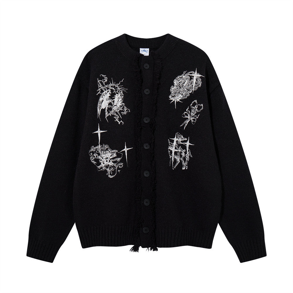 Oversized Knit Cardigan Sweater with Gothic Graphic Embroidery and Fringe Trim