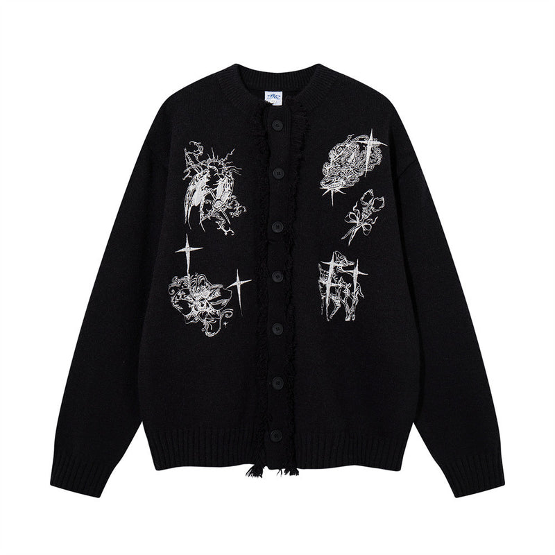 Oversized Knit Cardigan Sweater with Gothic Graphic Embroidery and Fringe Trim