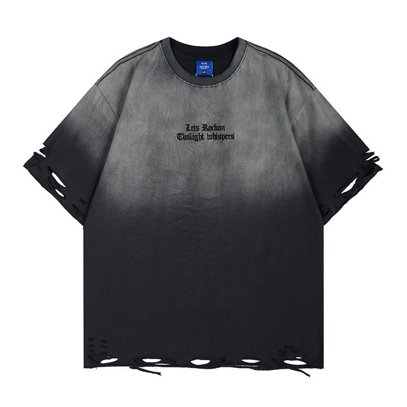 ダメージグラデーション半袖Tシャツ｜ウォッシュドブラック 裾カットオフ ストリートウェア