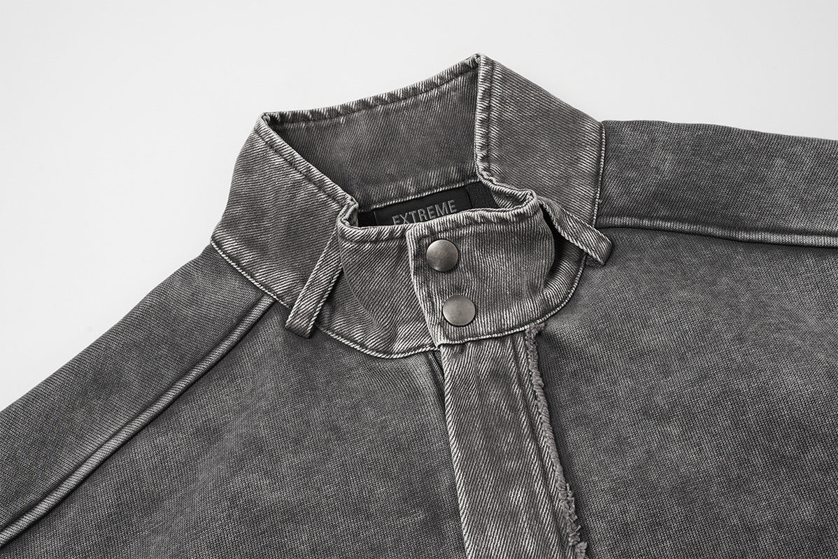 Acid Wash Mock Neck Snap Pullover Sweatshirt with Oversized Front Pockets