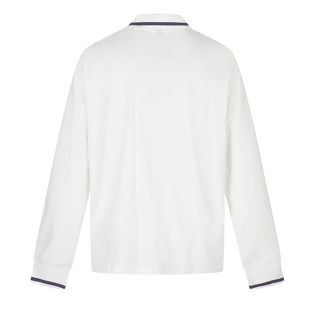 Back view of white long sleeve polo shirt with purple collar and cuff trim