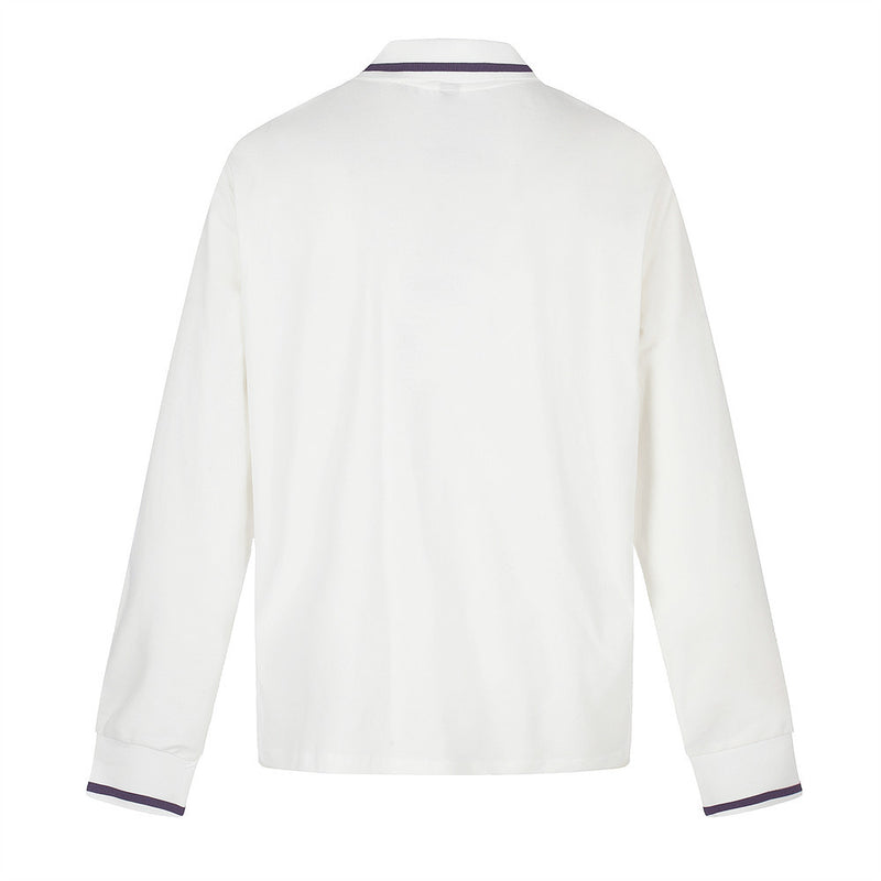 Back view of white long sleeve polo shirt with purple collar and cuff trim