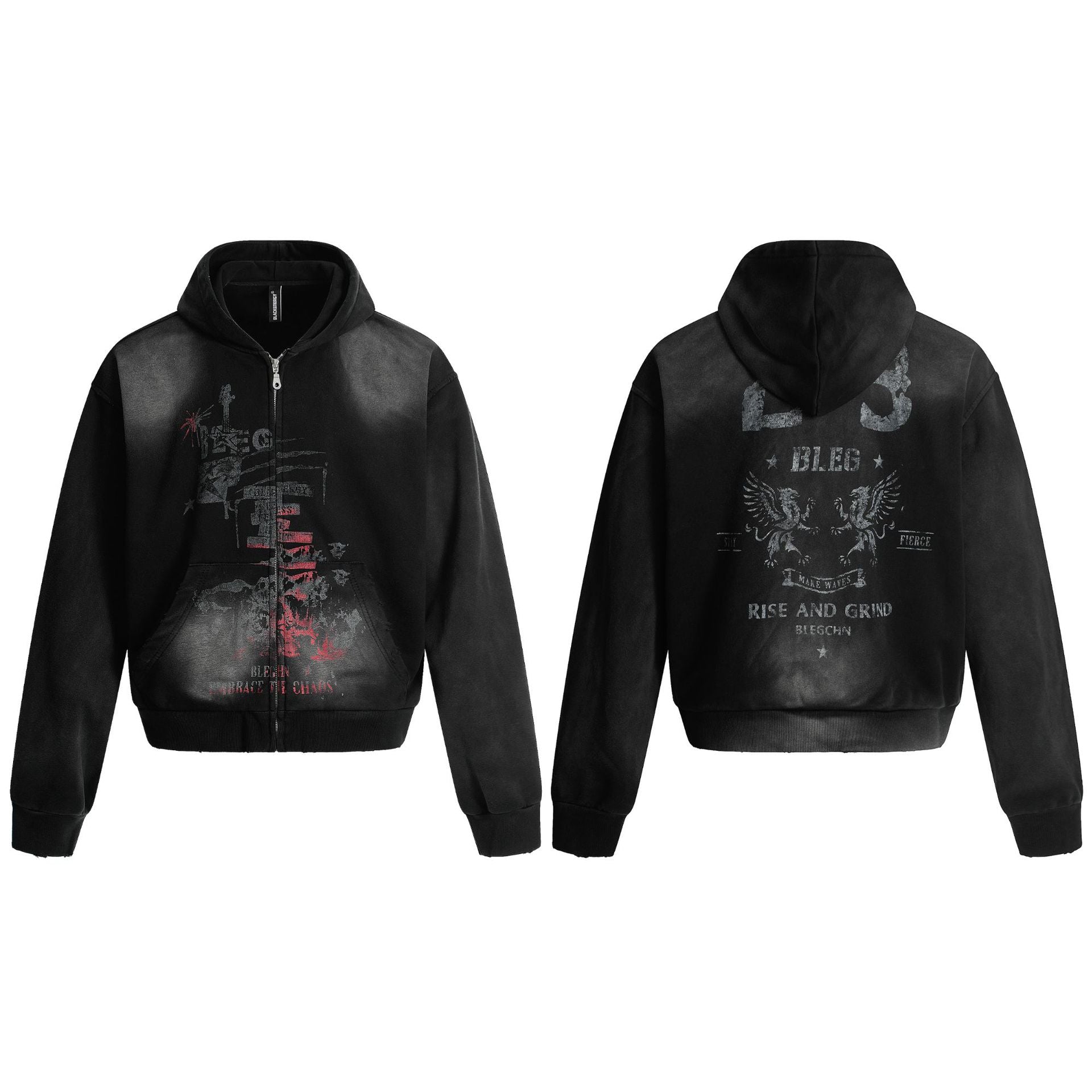 Sweat à capuche zippé délavé – Graphique vintage usé, style street américain