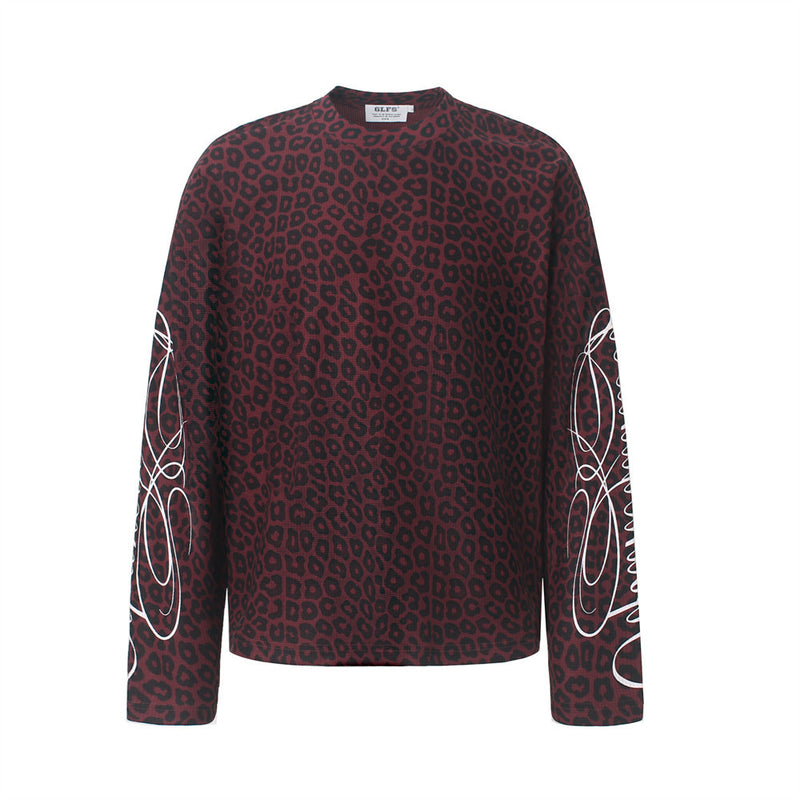 GLFS all-over leopard print long-sleeve shirt in burgundy with white swirl sleeve graphics and cursive script on back sleeves