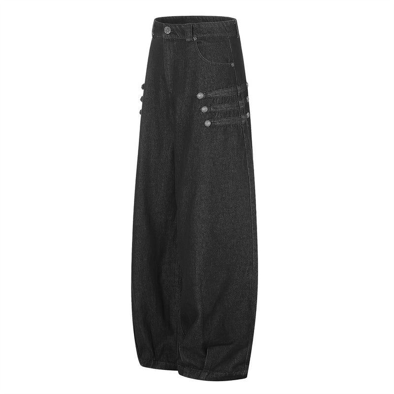 Black wide-leg denim jeans shown at a slight angle, with side button details and pleats