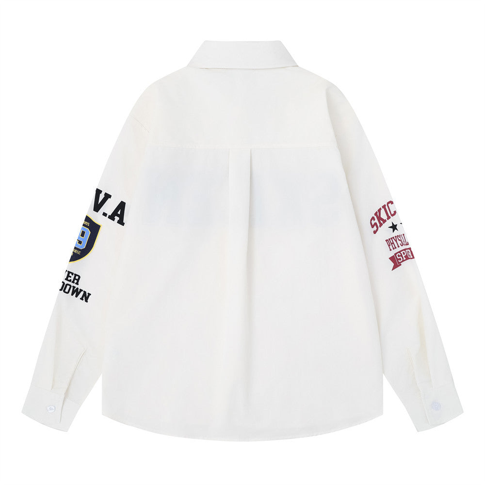 Varsity Letter Print Oversized Long Sleeve Button-Up Shirt
