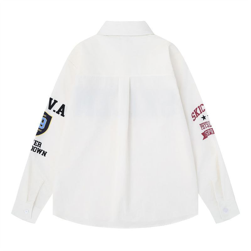 Varsity Letter Print Oversized Long Sleeve Button-Up Shirt